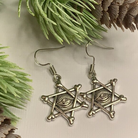 Pentagram Earring, Wiccan Earring, Punk Goth Earring, Evil Eye Earring, Gift - Picture 2 of 6